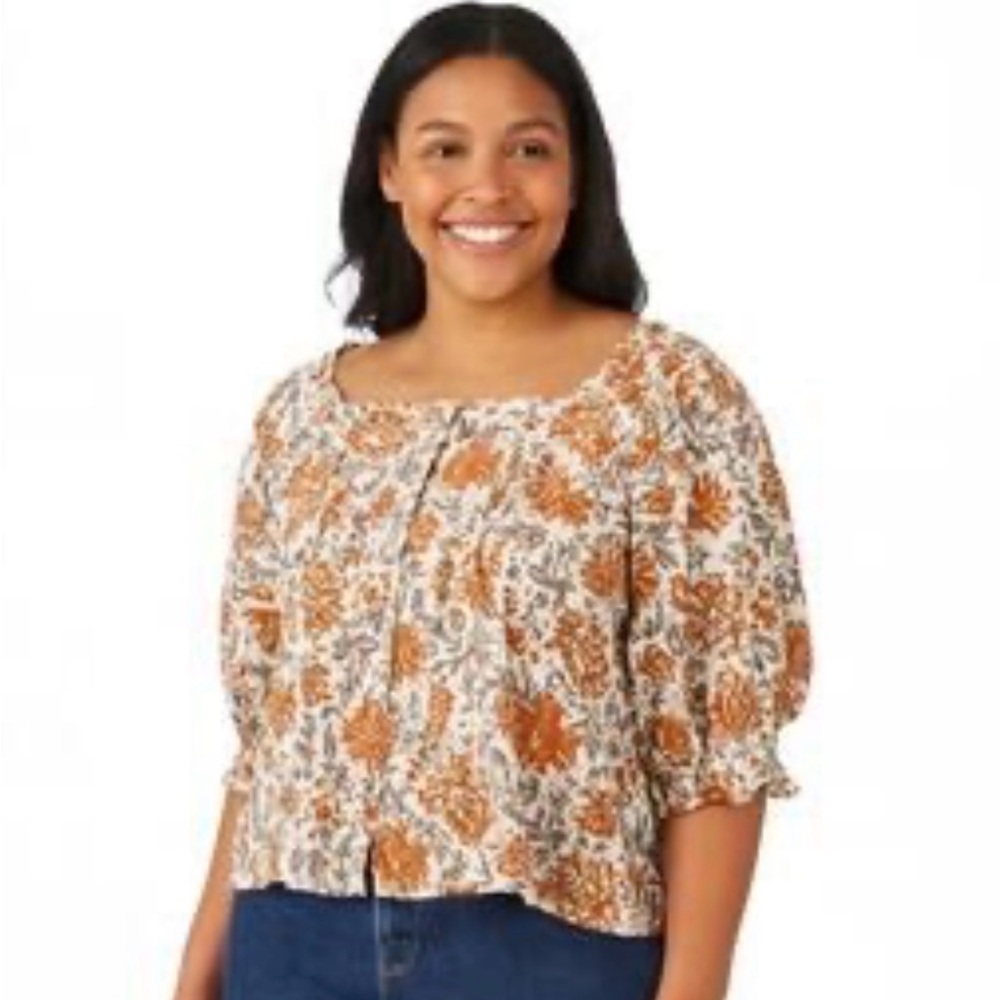 Rachel Zoe Women’s Floral Linen Blend Blouse Top Orange Gray M Boho Puff Sleeves